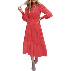 ZESICA Long Sleeve Smocked Maxi Dress – V-Neck, Ruffle‎ Tiered A-Line Small